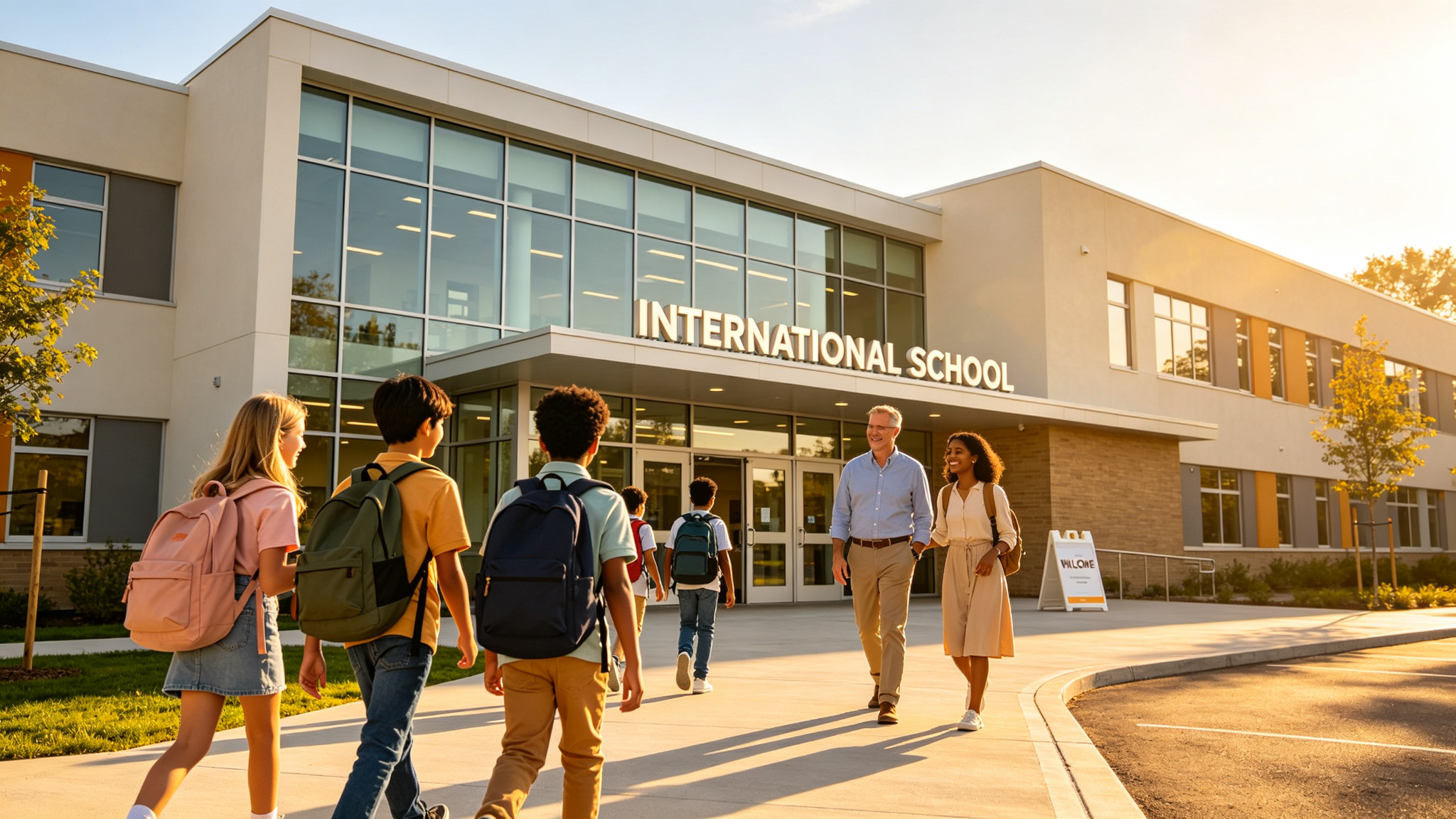 International school entrance as diverse students arrive in the morning